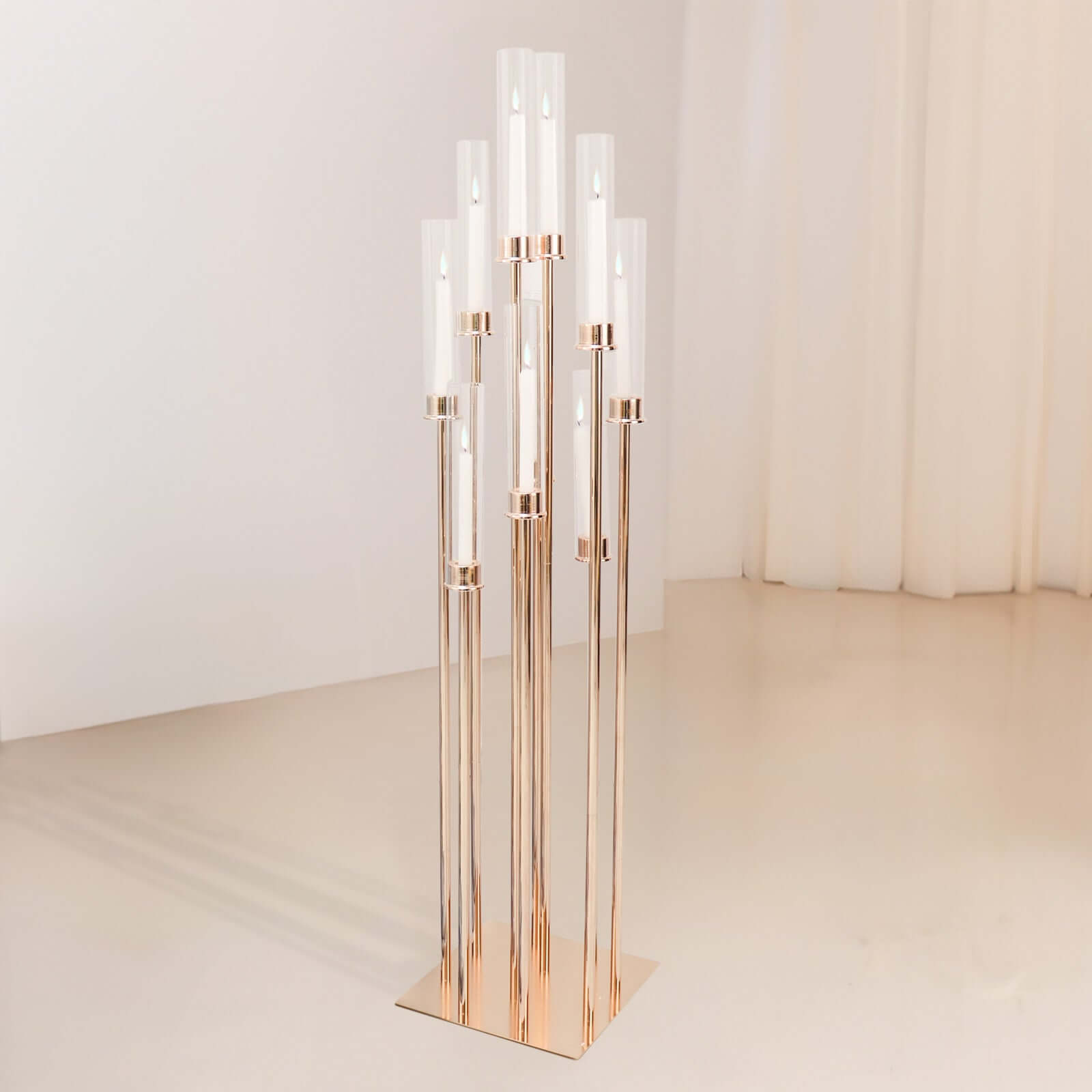 10-Arm Gold Cluster Taper Candle Holder with Clear Glass Shades 50" - Stylish Large Candle Arrangement for Events